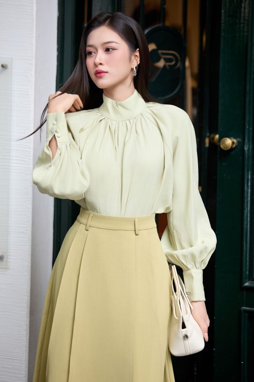 Sixdo Avocado Green Woven Flared Skirt